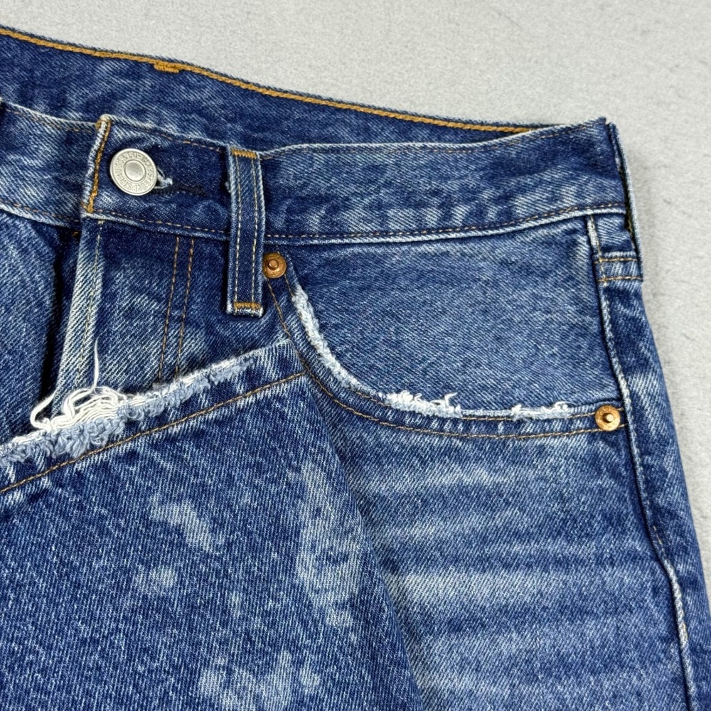 Levis Premium 501 Original Crop Distressed Straight Leg Jeans Blue Denim W26 L26